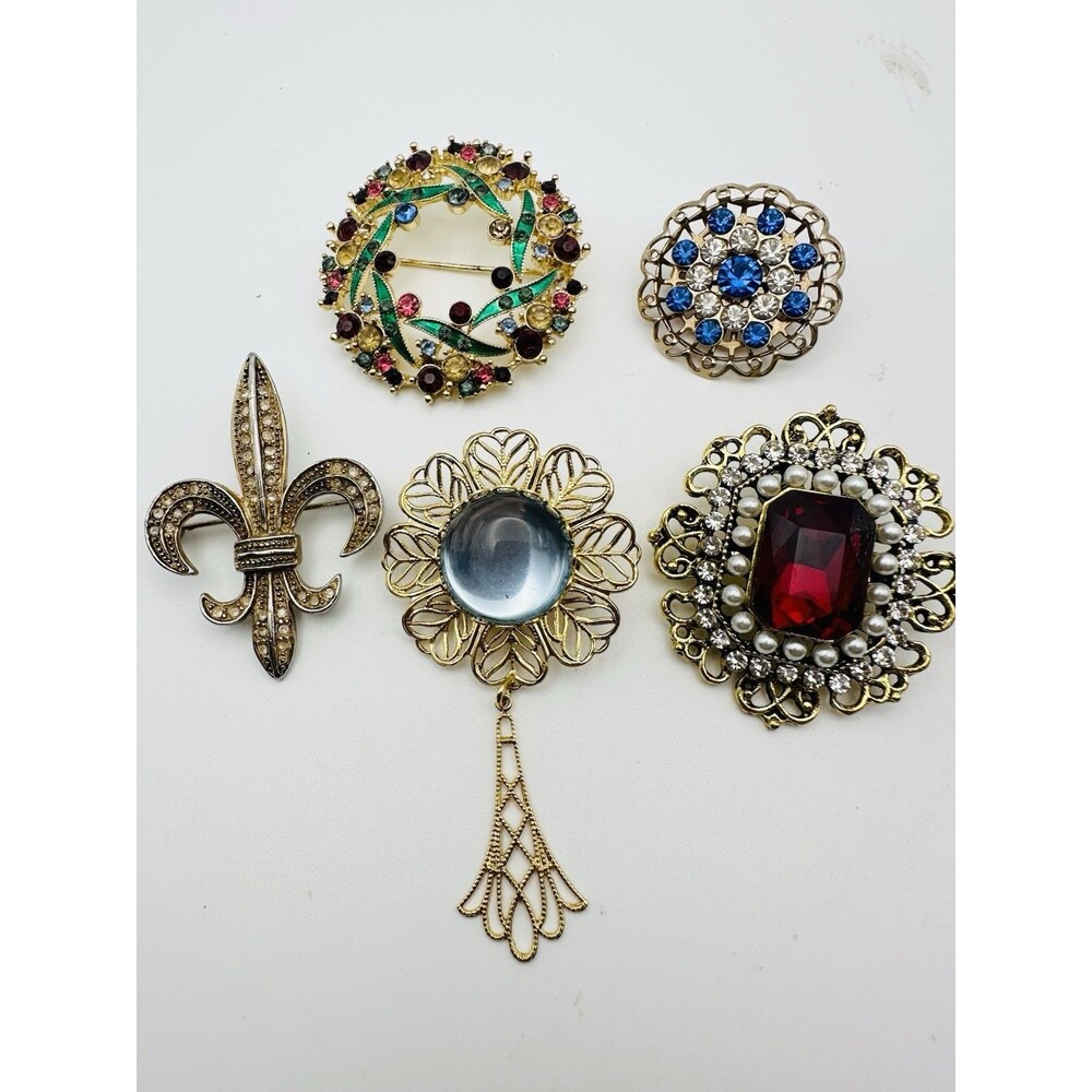 Vintage Rhinestone Flower Brooch Lot Gold Tone